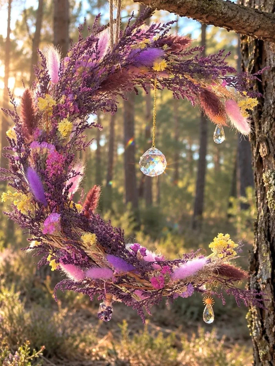Couronne Étheria de fleurs séchées violettes, roses et jaunes, ornée de pampilles de cristal, suspendue en forêt landaise